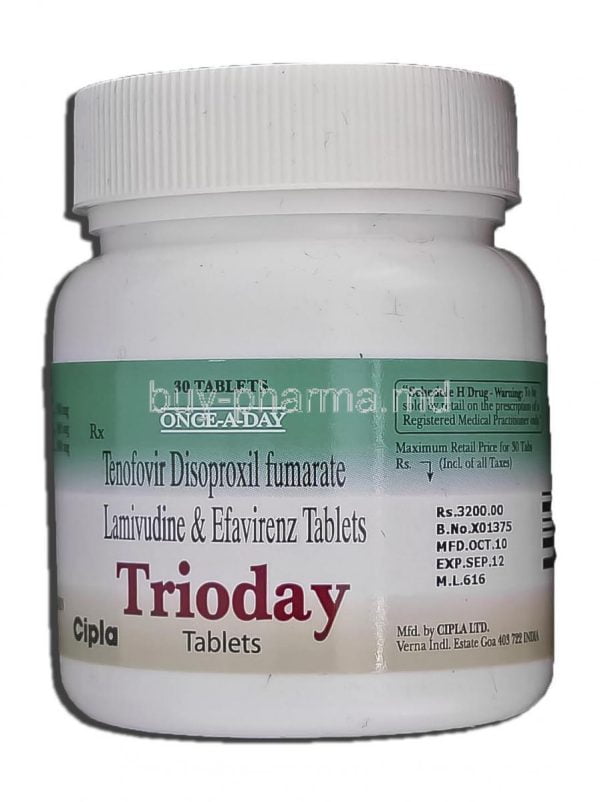 12079 Trioday Tenofovir Disoproxil Fumarate 300mg Lamivudine 300mg Efavirenz 600mg Bottle